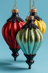 Obraz premium Three colorful teardrop-shaped Christmas ornaments