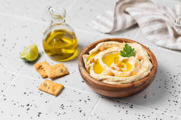 Homemade vegan hummus. Tasty vegan snack.