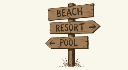 Wooden signpost with directions to beach resort pool.