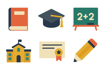 Colorful education icons set featuring school, book, chalkboard, diploma, pencil, graduation cap