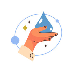 Water drop on hand or liquid droplet. Vector clean fluid and hydration, ecology and nature, ecosystem balance cartoon clipart. Icon for environment and resource saving, resource recycle, health. H2O.