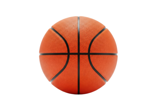 Vibrant orange regulation-sized basketball with pebbled texture and black seams, centered on immaculate white background with copy space, soft studio lighting, ideal for e-commerce