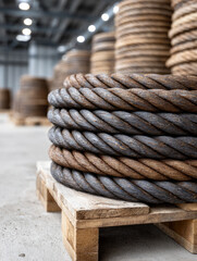 Fototapeta premium Coils of wire rope stacked in an industrial warehouse.