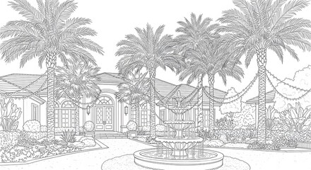Line Art Mansion with Palm Trees and Fountain