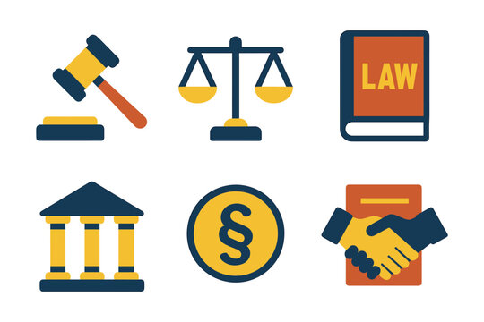Flat legal icons set: gavel, scales, law book, courthouse, legal document, handshake