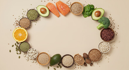 Assorted healthy foods including avocado salmon broccoli orange pumpkin seeds flax seeds chia seeds quinoa almonds rice beans and lentils arranged in a circle on beige background
