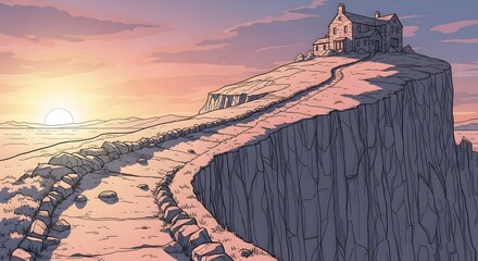 House on Cliff with Winding Path at Sunset in Cartoon Style