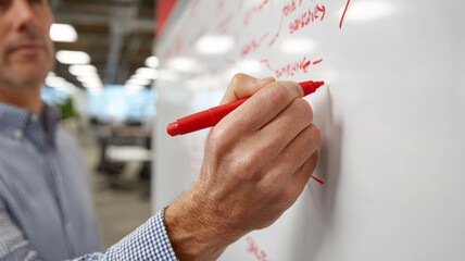 Person writing on whiteboard during brainstorming session.