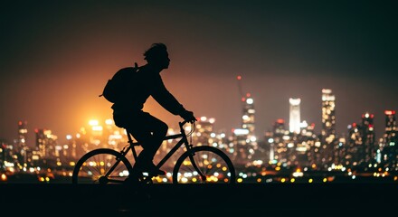 Obraz premium Silhouette of a cyclist riding a bicycle at night with a city background