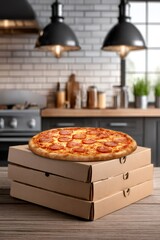 Delicious pepperoni pizza resting on stacked cardboard boxes in modern kitchen