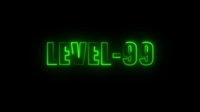 Glowing green neon text L E V E L 99 achievement unlocked on black background digital animation