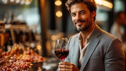Smiling man holding a glass of wine in front of a table of grapes drink background
