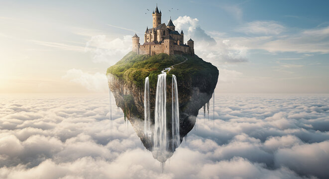 Floating island castle with waterfalls cascading down cliffs above sea of clouds during sunrise or sunset magical fantasy landscape with fairy tale castle and lush greenery in sky