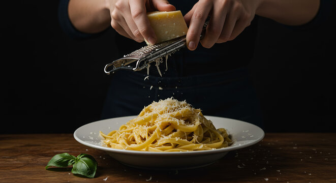 Person grating cheese over a plate of pasta with basil leaves on a dark wooden table indoor setting culinary preparation close-up scene