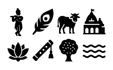 Silhouette krishna icons: flute, lotus, cow, temple, and more