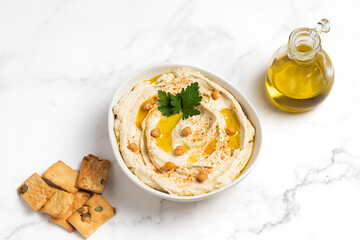 Homemade vegan hummus. Tasty vegan snack.	