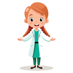 Illustration of a cheerful female doctor with red hair, wearing a white coat