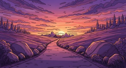 Violet Sunset Landscape with Winding Road and Cartoon Style Sky