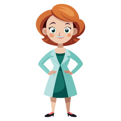 A confident female doctor with red hair stands with hands on hips