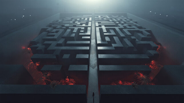 Brain-Shaped Maze with Parasites Lighting Neural Pathways Symbolizing Mental Disruption and Intrusion