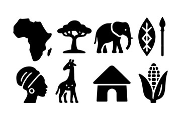 African culture icons set: silhouette symbols of continent, wildlife, and traditions