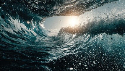 Powerful ocean wave from below, sunlight through