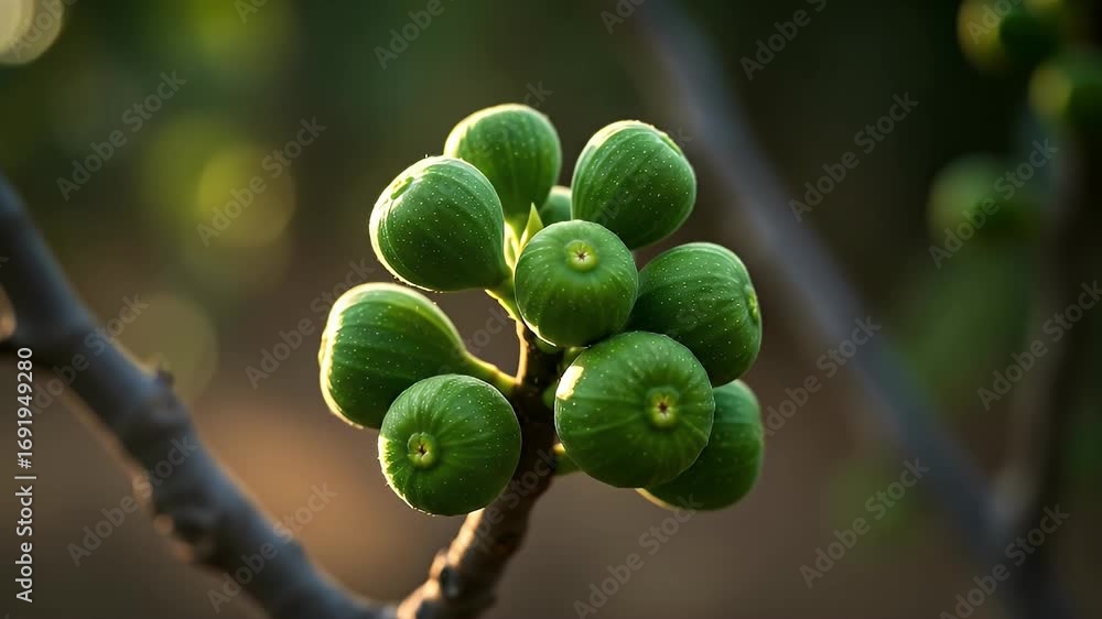 Poster a beautiful close-up of a cluster of unripe green figs growing on a tree branch in soft sunlight.