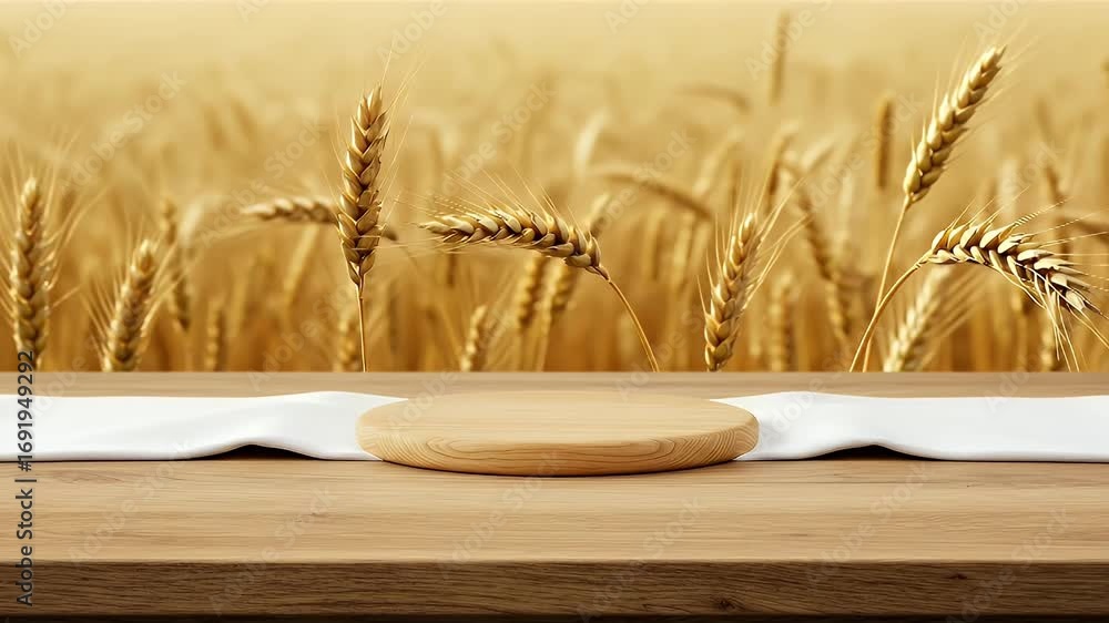 Poster empty round wooden podium on a table with white fabric against a blurred golden wheat field backgrou