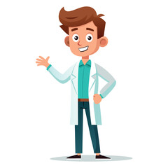 Cartoon doctor smiles and gestures with his hand while wearing a lab coat