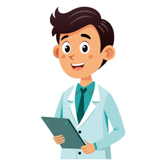 Cartoon doctor smiles while holding a clipboard and wearing a lab coat