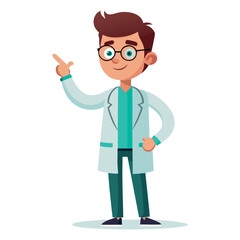 Cartoon doctor pointing upwards, wearing glasses and a white coat with green shirt