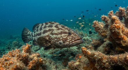 Naklejka premium Magnificent Grouper in its Natural Habitat, A Vibrant Underwater Scene