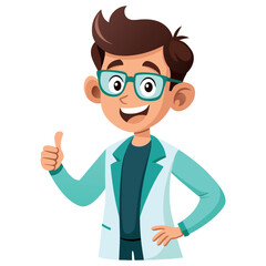 Cartoon doctor giving thumbs up, wearing glasses and a white coat with green shirt