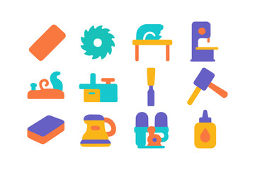 Colorful icons of carpentry and woodworking tools in flat design
