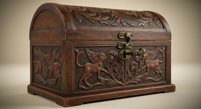 Intricately Carved Wooden Chest with Mythological Creatures and Key
