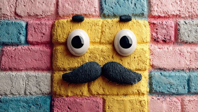 Yellow block face with mustache on colorful brick wall