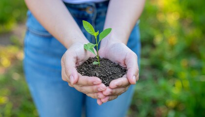 Close-up of hands holding small green plant with soil, symbol of care, conservation and growth