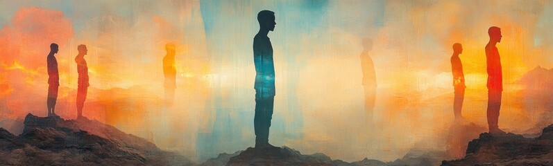 Painting of a people standing like tall statues