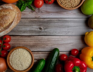 Assorted fresh vegetables, grains, fruits, and bread arranged neatly on rustic wooden table