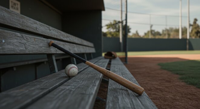 Baseball bat and ball resting on a bench near a baseball field on sunny day