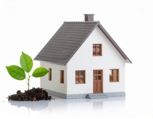Miniature house with green plant growing beside it, eco friendly habitat concept