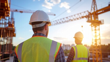 Construction workers in safety helmets and vests at building site
