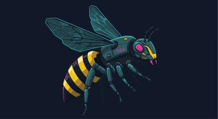 Stylized Illustration of a Teal and Yellow Striped Bee in Flight.