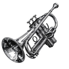 Naklejka premium Golden brass wind instruments, including a shiny trumpet and saxophone, are isolated on black or white backgrounds in a musical jazz band setting