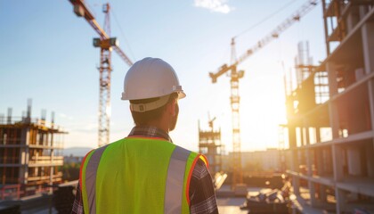 Construction workers in safety helmets and vests working on building site
