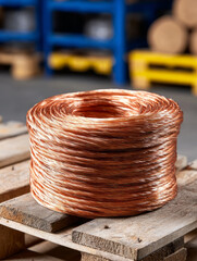 Coiled copper wire sitting on a wooden pallet in warehouse.