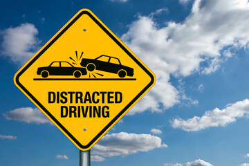 Yellow diamond warning sign shows car crash due to distracted driving yellow sign diamond shape