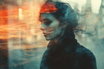 Woman with a veil on her head and a building in the background creative portrait