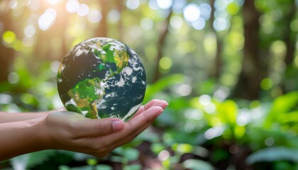 Close-up of hands holding a transparent globe with green forest reflection, concept of environment and sustainability