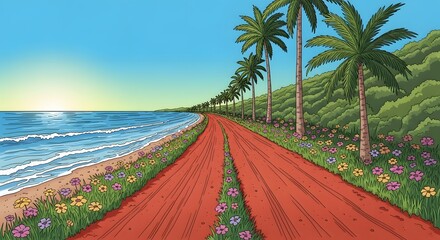 Tropical Coastline with Azure Sea, Red Path and Green Palms